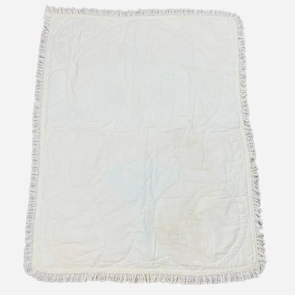 Vintage Quilted Teddy Bear Lace Trim Blanket 48 x 37 Nursery Baby Cute Kawaii